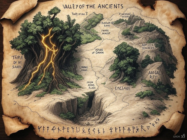 Valley of the Ancients map etched in parchment